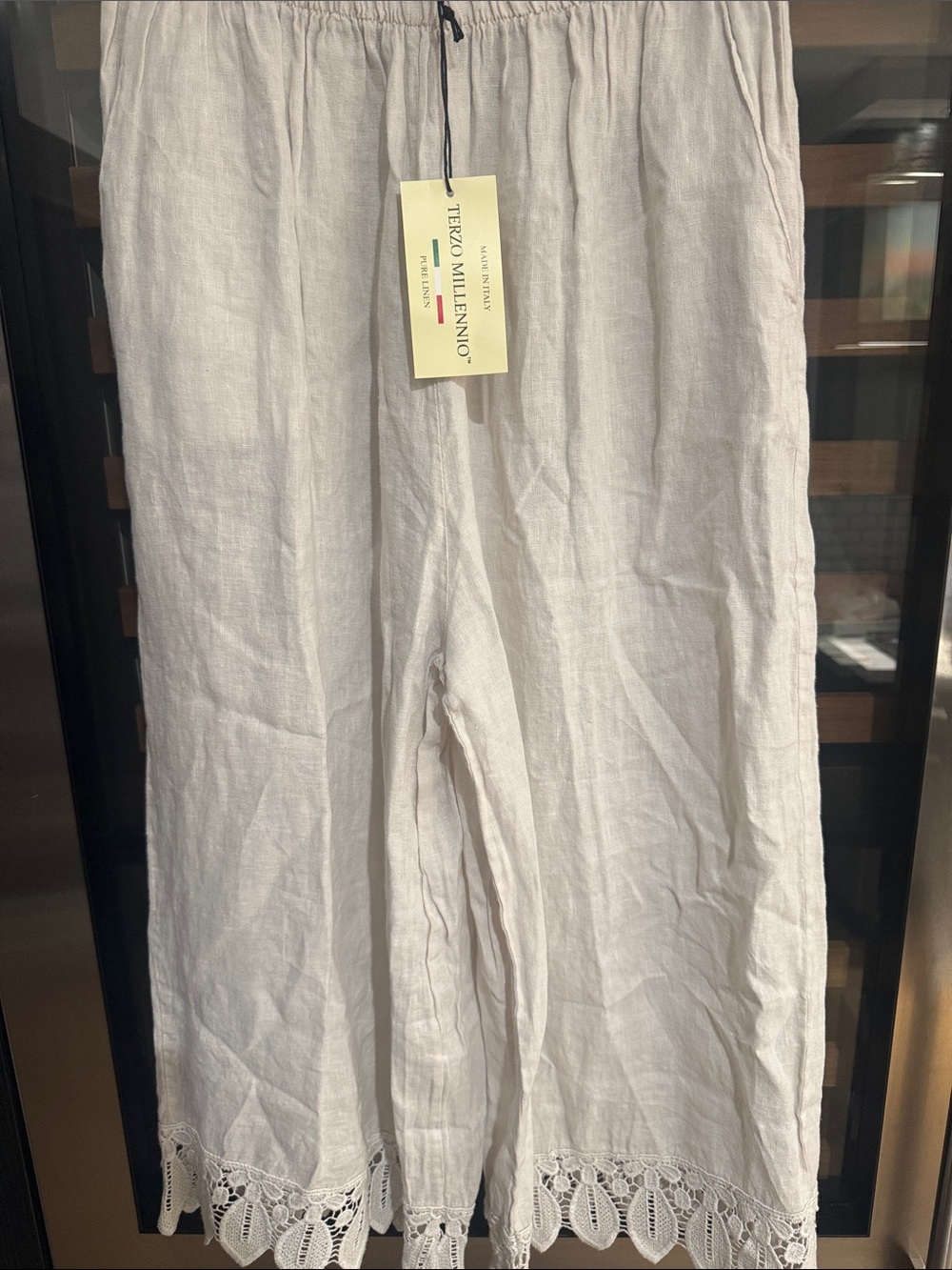 Terzo Millennio Pure Linen Wide Leg Pants Lace Hem Sand Beige Size  L NWT - Picture 4 of 6